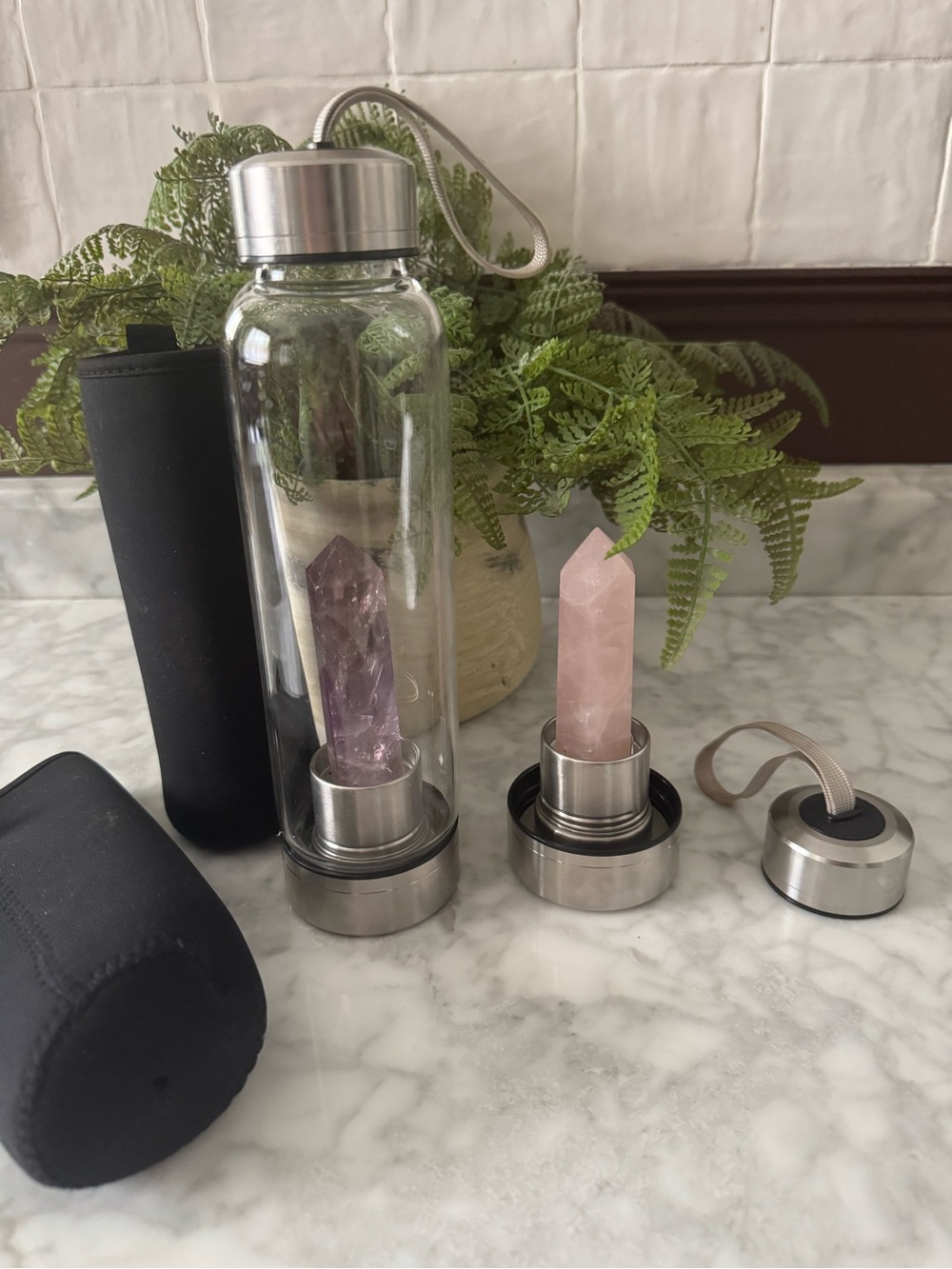 Crystal Water Bottle with Amethyst & Rose Quartz Points